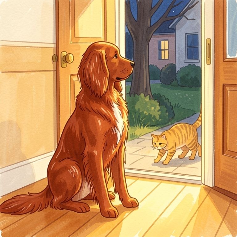 Tekening van Max bij de open voordeur terwijl een kat voorbijloopt
