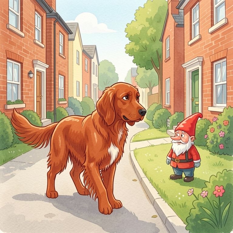 Tekening van Max op de wandeling, met een schuine blik op een tuinkabouter