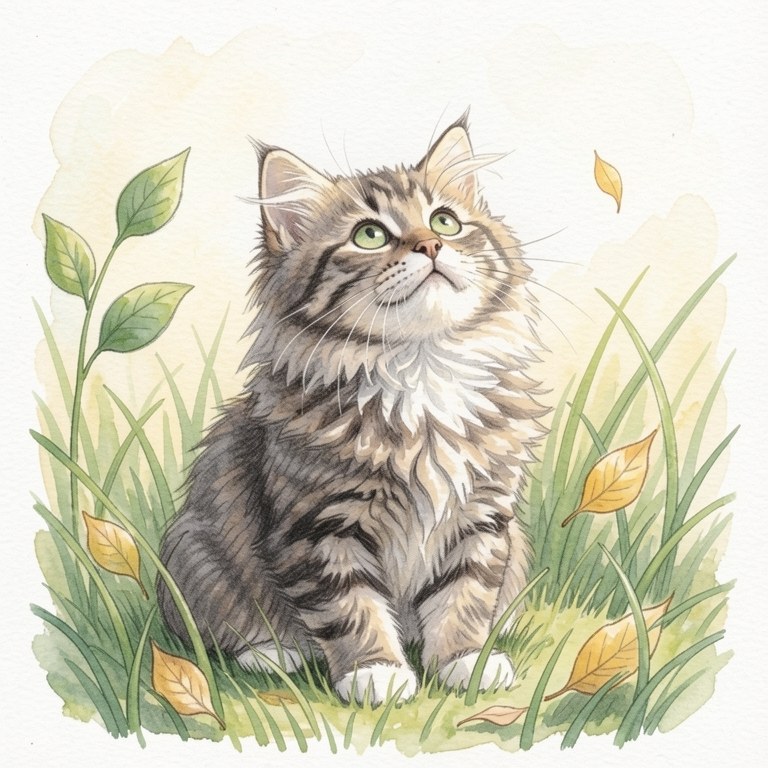Tekening van Mo in het gras, in de stijl van potlood en waterverf.